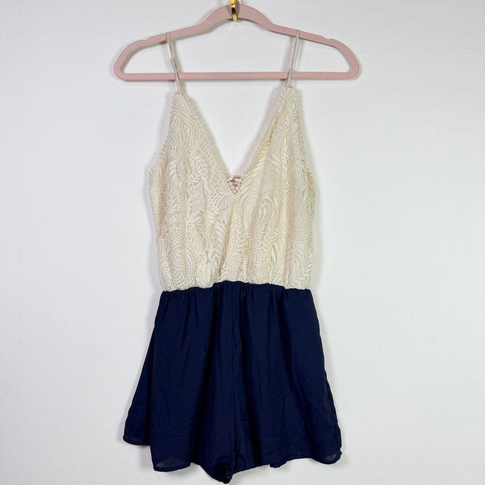 A'GACI Cream Navy Lace V-Neck Spaghetti Strap Romper Medium